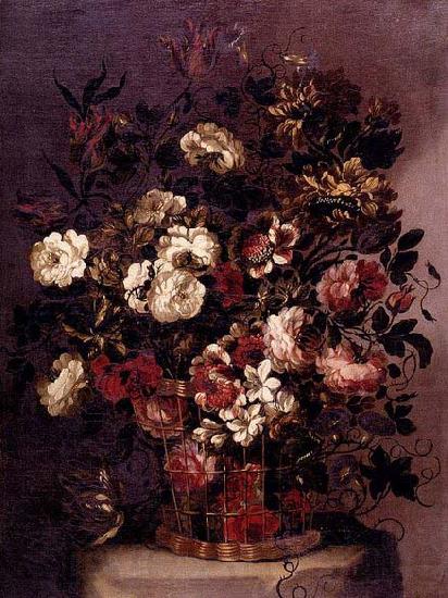 CORTE, Gabriel de la. Still-Life of Flowers in a Woven Basket Spain oil painting art
